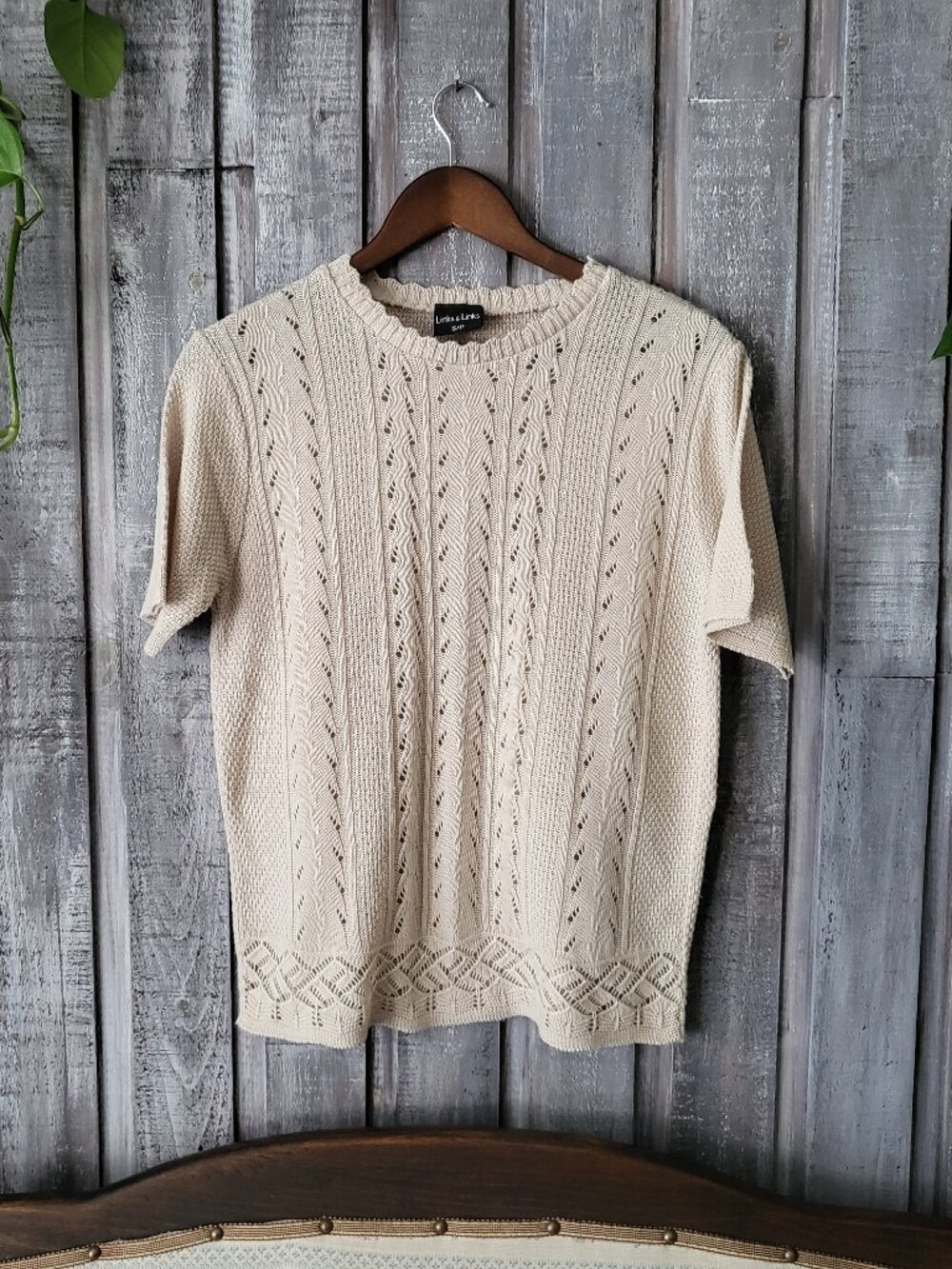 Links & Links Vintage Beige Crochet Knit Short Sleeve Sweater Top Sz S Boho